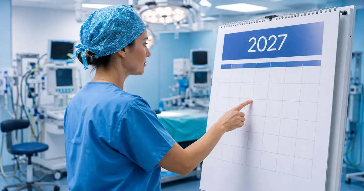 Infirmière anesthésiste consultant un calendrier 2027 au bloc opératoire