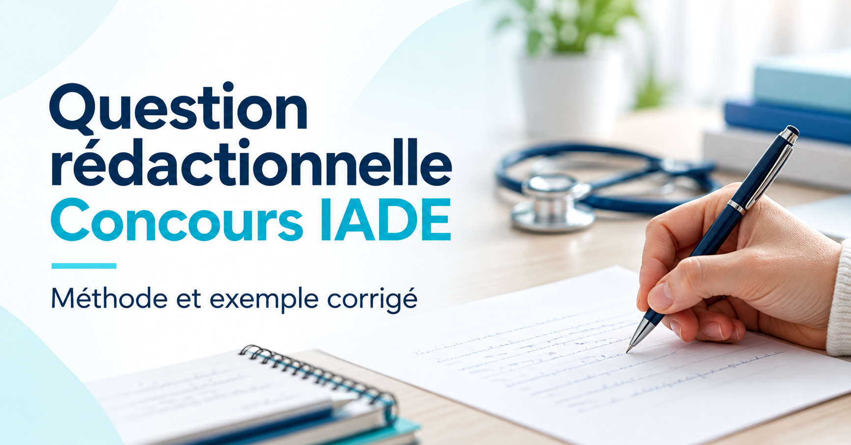 Préparation de la question rédactionnelle du concours IADE avec un carnet et un stylo